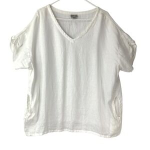 J. Jill White 100% Linen Relaxed Top M/L Pullover V-Neck Short Sleeve Pockets